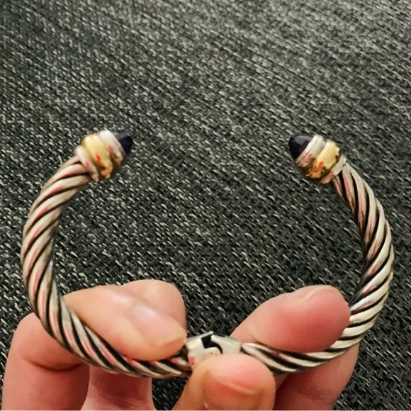 ALS Sterling Silver Classic Cable Bracelet with 18K Gold Band Accent - Picture 4 of 5